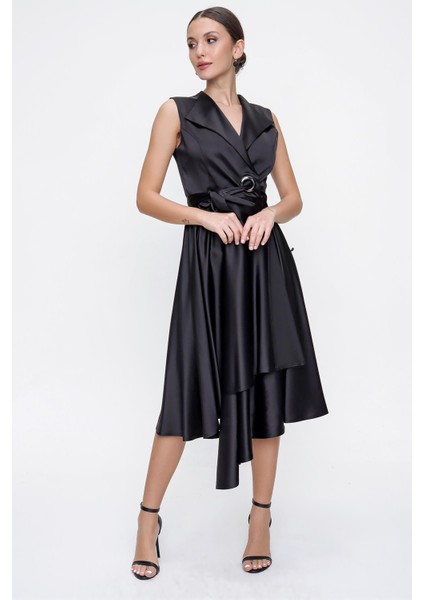 Kruvaze Yaka Bağcıklı Saten Elbise Siyah modelleri