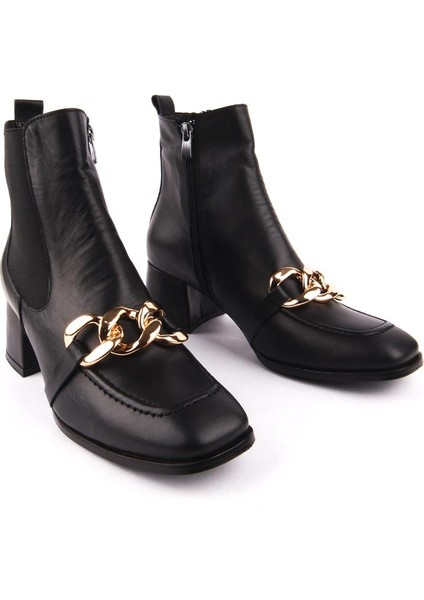 Rahat Deri Tokalı Modern Kısa Topuklu bot 4475 Siyah Deri