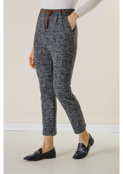 Beli Lastikli Kemerli Yandan Cepli Cam Kırığı Desen Dar Paça Pantolon modelleri