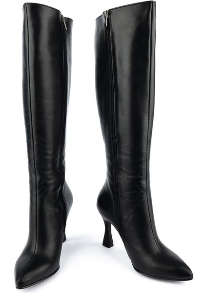 Modern Rahat Sivri Stiletto Deri Çizme Siyah 14201