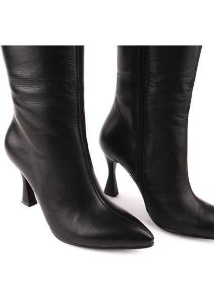 Modern Rahat Sivri Stiletto Deri Çizme Siyah 14201 modelleri