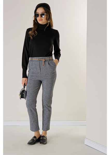 Bel Lastikli Kemerli Yandan Cepli Ekose Dar Paça Pantolon