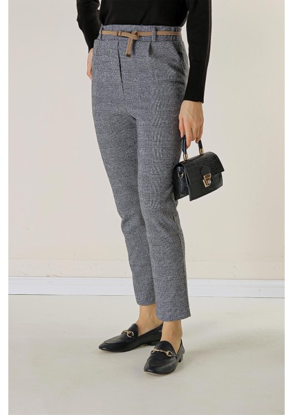 Bel Lastikli Kemerli Yandan Cepli Ekose Dar Paça Pantolon fiyatları