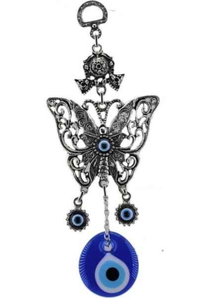 Cam Nazar Boncuklu Metal Duvar Süsü Kelebek Figürü Kapı Süsü 19x7.5 Cm