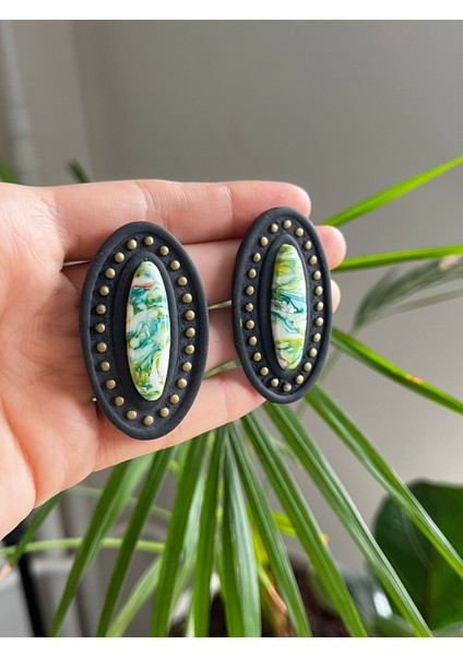 Polimer Kil El Yapımı Katlı Siyah Yeşil Kadın Küpe