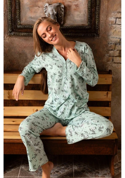 Merimu Kadın Bambu Çiçek Desenli Uzun Kollu Pijama Takımı