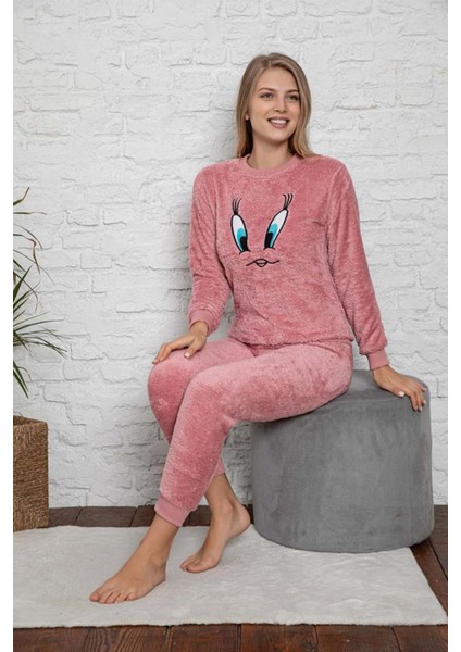 Merimu Kadın Uzun Kollu Polar Peluş Tweety Hayvan Desenli Pijama Takımı