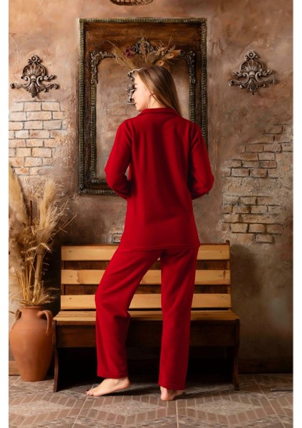 Merimu Kadın Kırmızı Renk Gömlek Yaka Polar Peluş Pijama Takımı