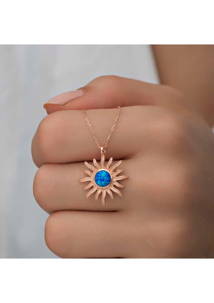 ​925 Ayar Gümüş Rose Mavi Opal Taşlı Güneş Kadın Kolye indirimleri