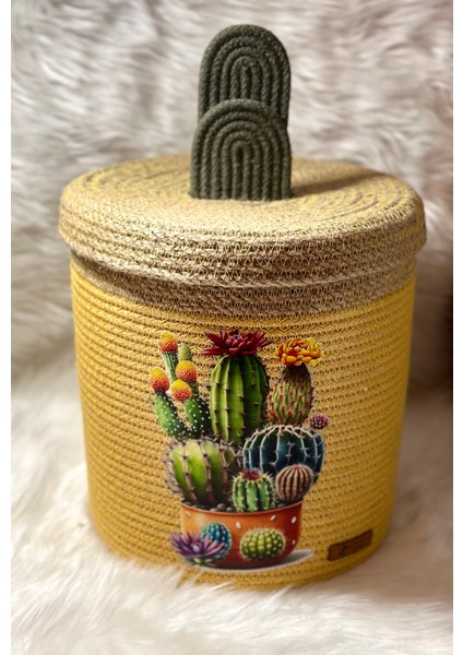 El Yapımı Kaktüs Baskılı Düzenleyici Hasır Sepet