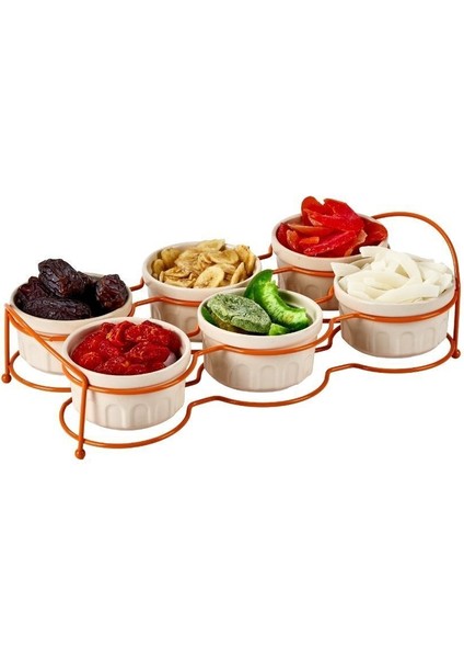 Turuncu Altı Bölmeli Çerezlik, Sosluk, Reçellik, Sunumluk, Kahvaltılık İkram Seti- Metal Paslanmaz