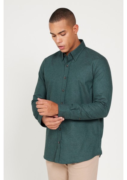 Recycle Slim Fit Dar Kesim Gizli Düğmeli Yaka Pamuklu Flanel Oduncu Gömlek