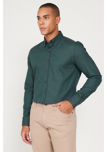 Recycle Slim Fit Dar Kesim Gizli Düğmeli Yaka Pamuklu Flanel Oduncu Gömlek modelleri