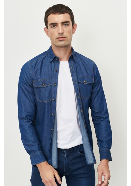 Slim Fit Dar Kesim Düğmeli Yaka Pamuk Denim Gömlek modelleri