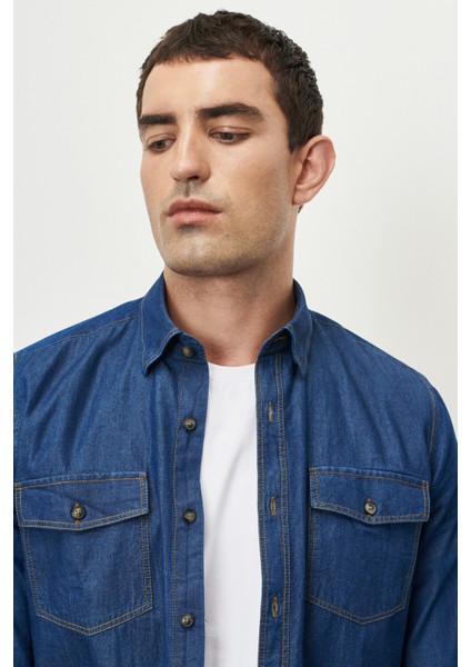 Slim Fit Dar Kesim Düğmeli Yaka Pamuk Denim Gömlek fırsatları