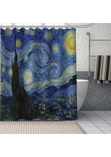Özel Van Gogh Yıldızlı Gece Duş Perdesi Su Geçirmez Banyo Perde Kumaş Duş (150 * 180) (Yurt Dışından)