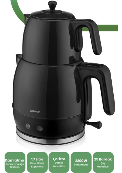 Fulya Siyah 30 Bardaklık Geniş Kapasiteli 2200 Watt Paslanmaz Çelik Çay Makinesi ve Su Isıtıcısı