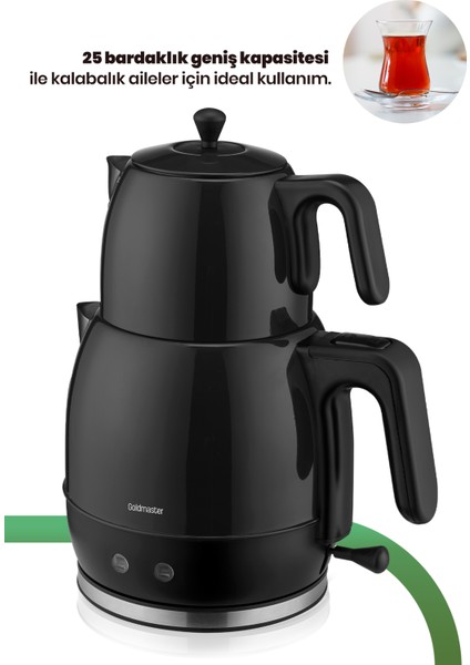 Fulya Siyah 30 Bardaklık Geniş Kapasiteli 2200 Watt Paslanmaz Çelik Çay Makinesi ve Su Isıtıcısı