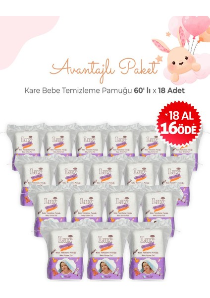 Kare Bebe Temizleme Pamuğu 60' Lı x 18 Adet