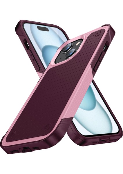 iPhone 15 Plus Için Çift Katmanlı Sert Pc Yumuşak Tpu Telefon Kılıfı - Pembe - Kırmızı (Yurt Dışından)