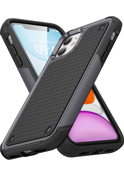 iPhone 12 / 12 Pro Için Çift Katmanlı Sert Pc Yumuşak Tpu Telefon Kılıfı - Gri - Siyah (Yurt Dışından)