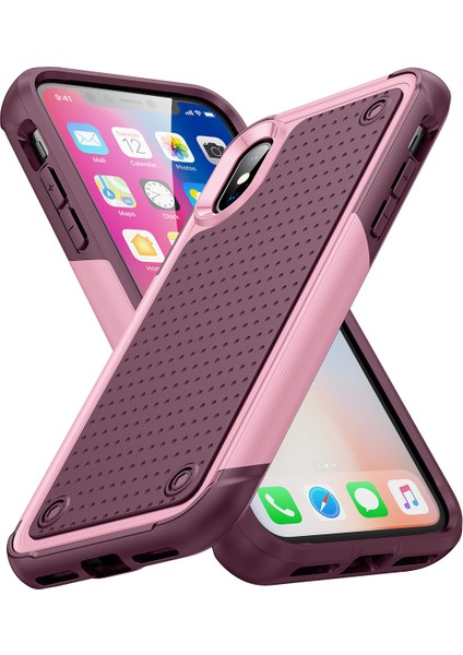 iPhone Xs /iphone x Için Çift Katmanlı Sert Pc Yumuşak Tpu Telefon Kılıfı - Pembe - Kırmızı (Yurt Dışından)