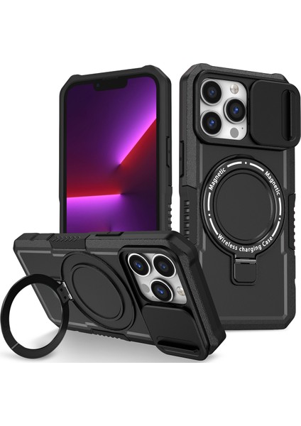 iPhone 13 Pro Için Magsafe ile Uyumlu, Manyetik Halkalı Stand Ağır Hizmet Telefon Kılıfı - Siyah (Yurt Dışından)