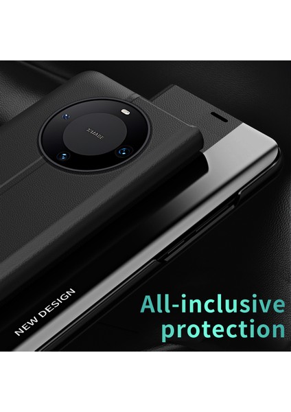Huawei Mate 60 Için Akıllı Görünüm Flip Stand Pu Deri Telefon Kılıfı - Turuncu (Yurt Dışından)