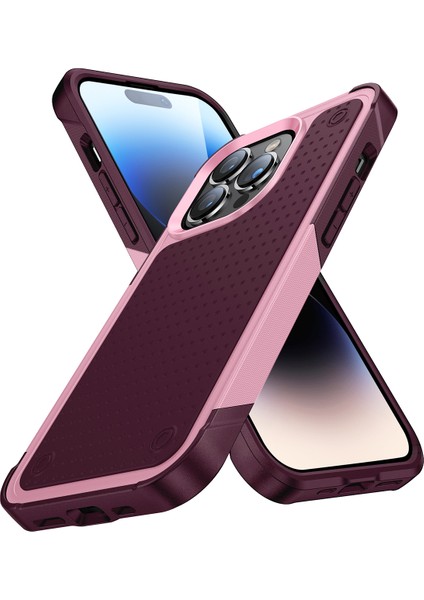 iPhone 14 Pro Max Için Çift Katmanlı Sert Pc Yumuşak Tpu Telefon Kılıfı - Pembe - Kırmızı (Yurt Dışından)