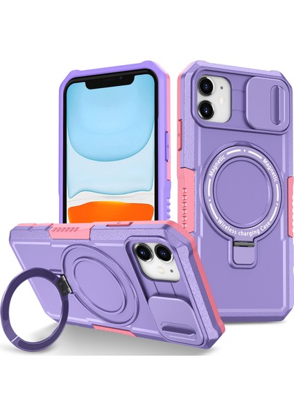 iPhone 11 Için Magsafe ile Uyumlu, Manyetik Halkalı Stand Ağır Hizmet Telefon Kılıfı - Mor (Yurt Dışından)