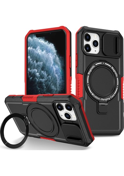 iPhone 11 Pro Max Için Magsafe ile Uyumlu, Manyetik Halkalı Stand Ağır Hizmet Telefon Kılıfı - Siyah - Kırmızı (Yurt Dışından)