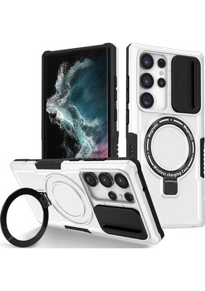 Samsung Galaxy S22 Ultra 5g Için Magsafe ile Uyumlu, Manyetik Halkalı Stand Ağır Hizmet Telefon Kılıfı - Beyaz - Siyah (Yurt Dışından)