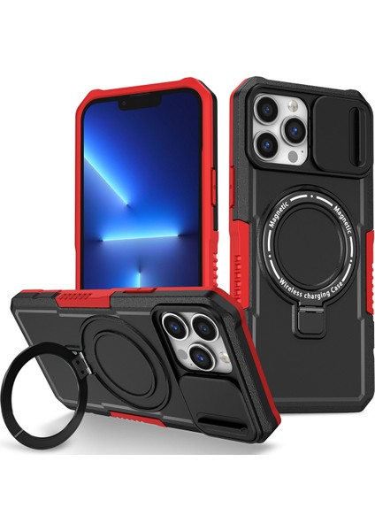 iPhone 13 Pro Max Için Magsafe ile Uyumlu, Manyetik Halkalı Stand Ağır Hizmet Telefon Kılıfı - Siyah - Kırmızı (Yurt Dışından)