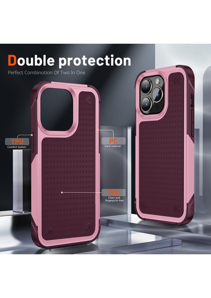 iPhone 15 Pro Için Çift Katmanlı Sert Pc Yumuşak Tpu Telefon Kılıfı - Pembe - Kırmızı (Yurt Dışından)