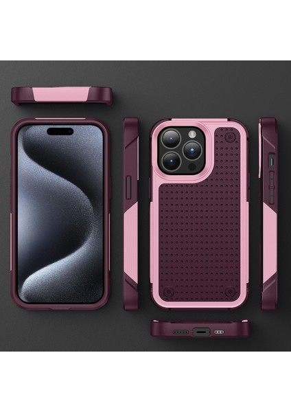 iPhone 15 Pro Için Çift Katmanlı Sert Pc Yumuşak Tpu Telefon Kılıfı - Pembe - Kırmızı (Yurt Dışından)