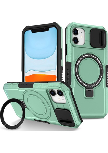 iPhone 11 Için Magsafe ile Uyumlu, Manyetik Halkalı Stand Ağır Hizmet Telefon Kılıfı - Yeşil (Yurt Dışından)