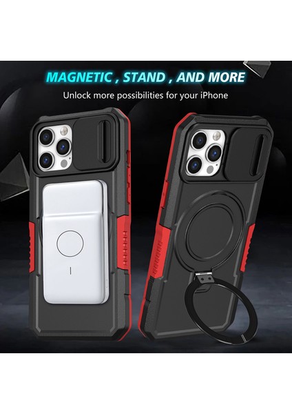iPhone 12 Pro Max Için Magsafe ile Uyumlu, Manyetik Halkalı Stand Ağır Hizmet Telefon Kılıfı - Siyah - Kırmızı (Yurt Dışından)