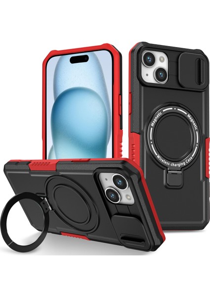 iPhone 15 /iphone 14 Için Magsafe ile Uyumlu, Manyetik Halkalı Stand Ağır Hizmet Telefon Kılıfı - Siyah - Kırmızı (Yurt Dışından)