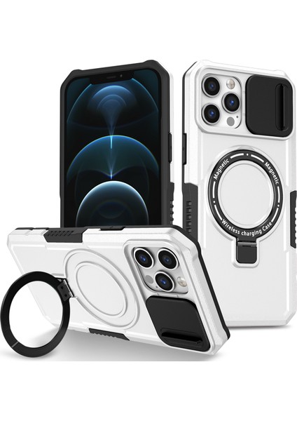 iPhone 12 Pro Max Için Magsafe ile Uyumlu, Manyetik Halkalı Stand Ağır Hizmet Telefon Kılıfı - Beyaz - Siyah (Yurt Dışından)