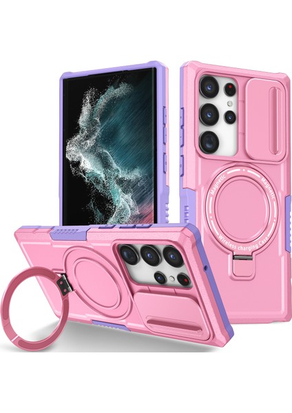 Samsung Galaxy S22 Ultra 5g Için Magsafe ile Uyumlu, Manyetik Halkalı Stand Ağır Hizmet Telefon Kılıfı - Pembe (Yurt Dışından)