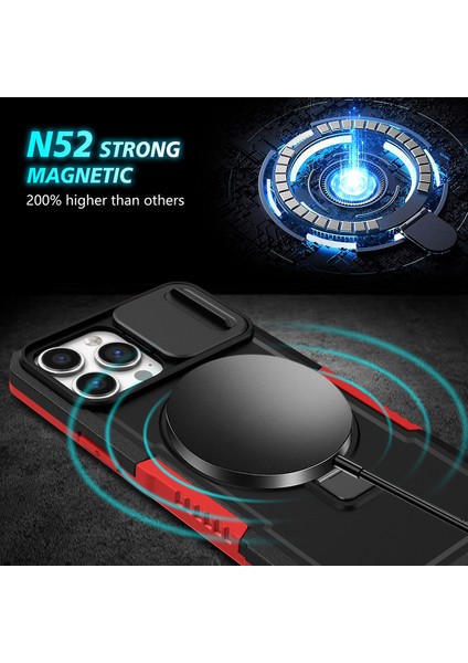 iPhone 13 Pro Max Için Magsafe ile Uyumlu, Manyetik Halkalı Stand Ağır Hizmet Telefon Kılıfı - Siyah - Kırmızı (Yurt Dışından)