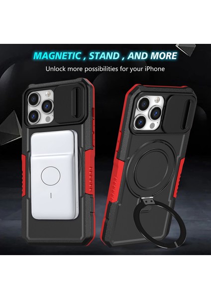 iPhone 13 Pro Max Için Magsafe ile Uyumlu, Manyetik Halkalı Stand Ağır Hizmet Telefon Kılıfı - Siyah - Kırmızı (Yurt Dışından)