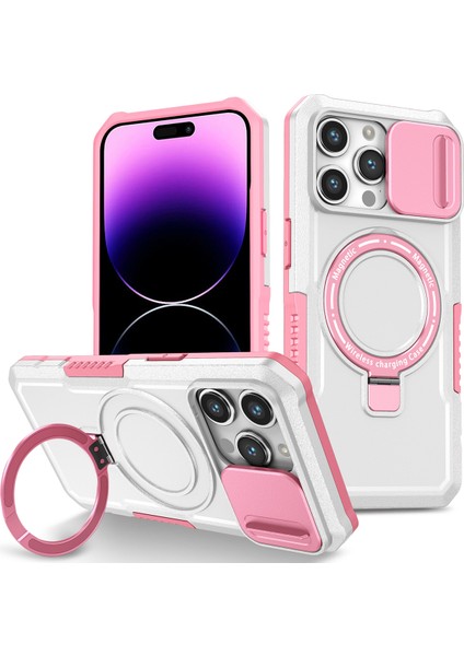 iPhone 14 Pro Max Için Magsafe ile Uyumlu, Manyetik Halkalı Stand Ağır Hizmet Telefon Kılıfı - Beyaz (Yurt Dışından)