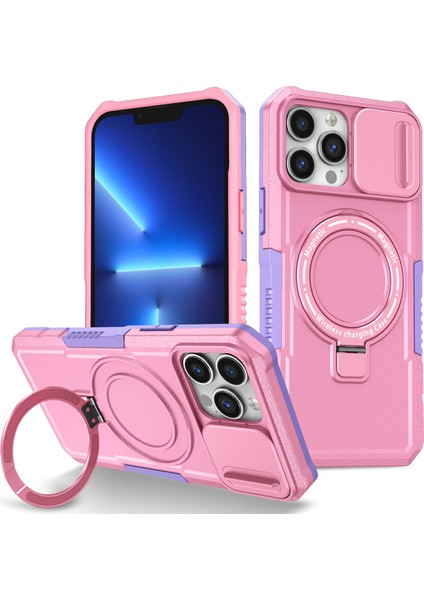iPhone 13 Pro Max Için Magsafe ile Uyumlu, Manyetik Halkalı Stand Ağır Hizmet Telefon Kılıfı - Pembe (Yurt Dışından)