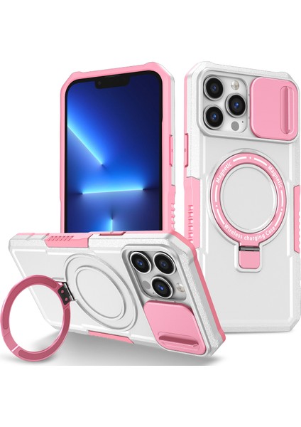 iPhone 13 Pro Max Için Magsafe ile Uyumlu, Manyetik Halkalı Stand Ağır Hizmet Telefon Kılıfı - Beyaz (Yurt Dışından)
