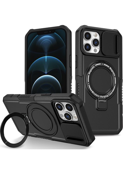 iPhone 12 /iphone 12 Pro Için Magsafe ile Uyumlu, Manyetik Halkalı Stand Ağır Hizmet Telefon Kılıfı - Siyah (Yurt Dışından)