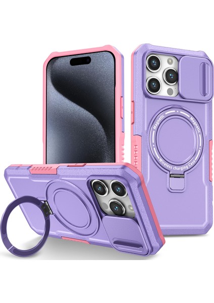 iPhone 15 Pro Için Magsafe ile Uyumlu, Manyetik Halkalı Stand Ağır Hizmet Telefon Kılıfı - Mor (Yurt Dışından)