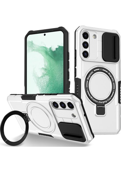 Samsung Galaxy S22+ 5g Için Magsafe ile Uyumlu, Manyetik Halkalı Stand Ağır Hizmet Telefon Kılıfı - Beyaz - Siyah (Yurt Dışından)