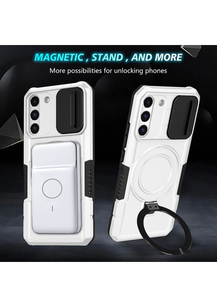 Samsung Galaxy S22+ 5g Için Magsafe ile Uyumlu, Manyetik Halkalı Stand Ağır Hizmet Telefon Kılıfı - Beyaz - Siyah (Yurt Dışından)