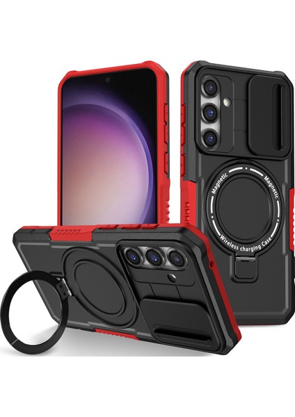 Samsung Galaxy S23 Fe Için Magsafe ile Uyumlu, Manyetik Halkalı Stand Ağır Hizmet Telefon Kılıfı - Siyah - Kırmızı (Yurt Dışından)